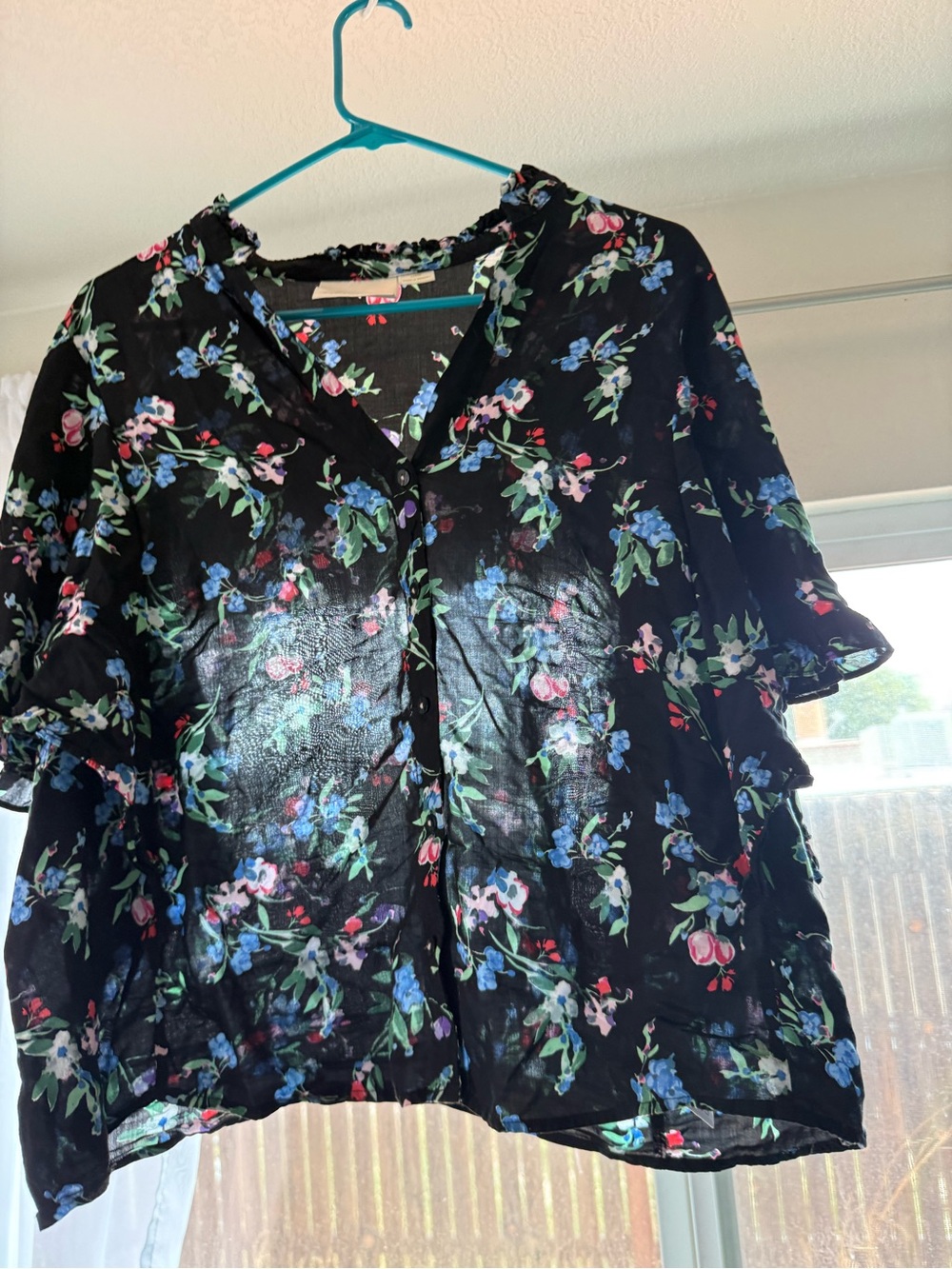 Maeve Black Sheer Floral Button-Front Blouse with Blue and Pink Flowers
